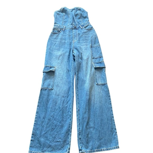Wild Fable Tube Cargo denim wide leg Jumpsuit bandeau strapless - Picture 4 of 16